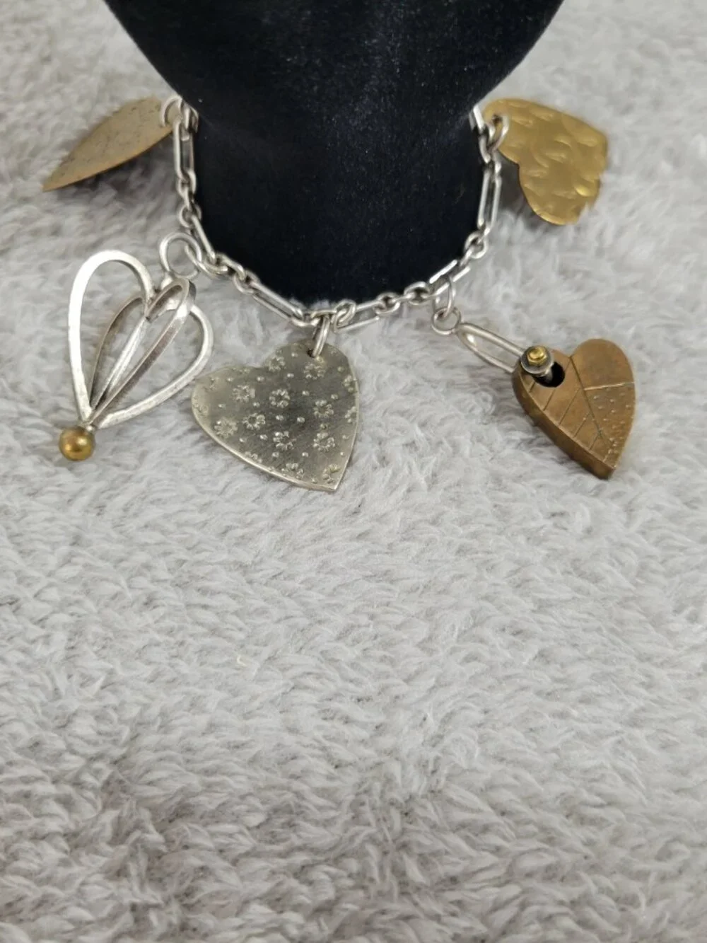 Artisan Mixed Metal Heart Charm Bracelet Sterling Silver Brass Multi-Charm B13E
